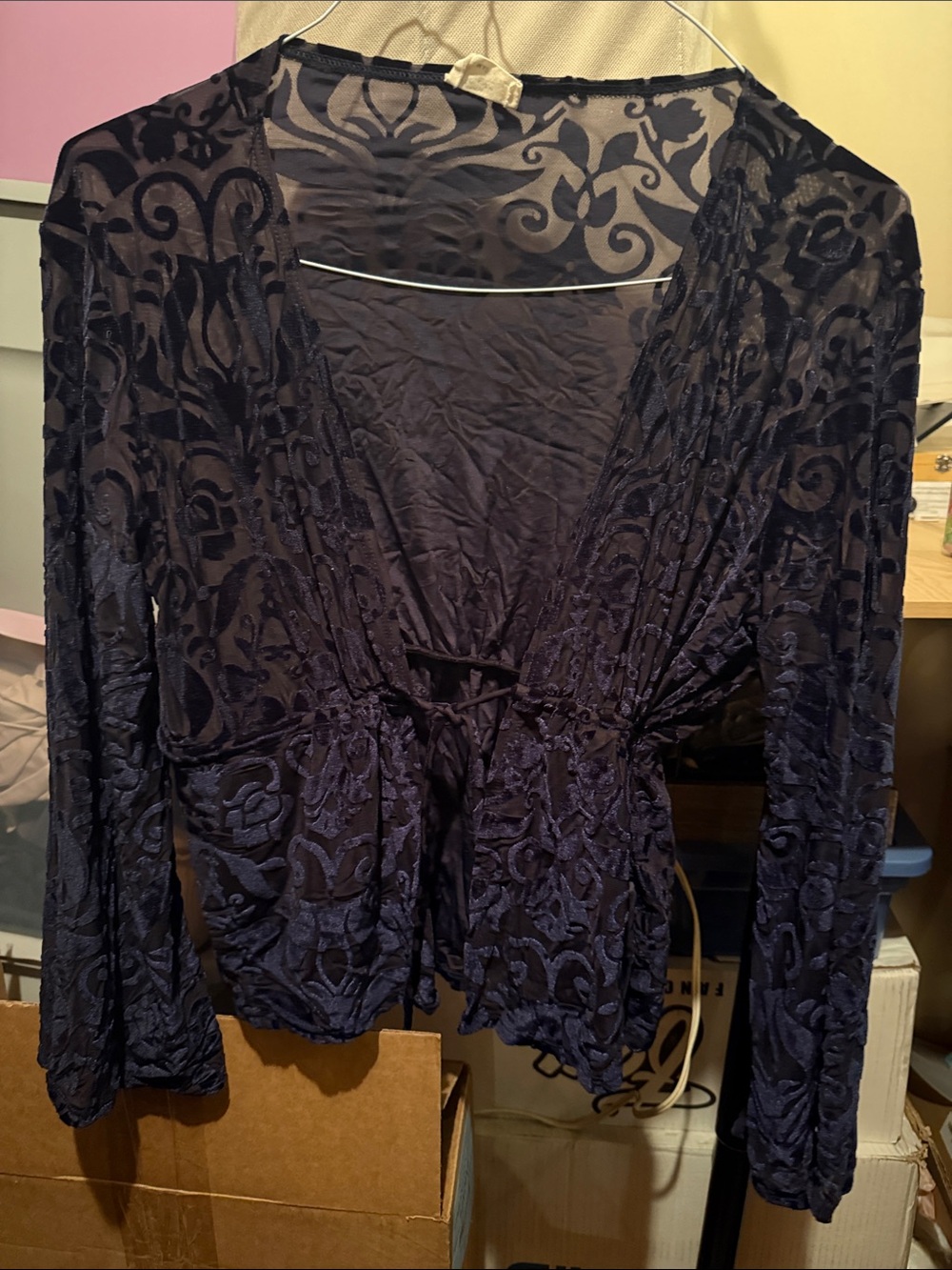 Peach Love California Black Sheer Burnout Floral Tie-Front Jacket